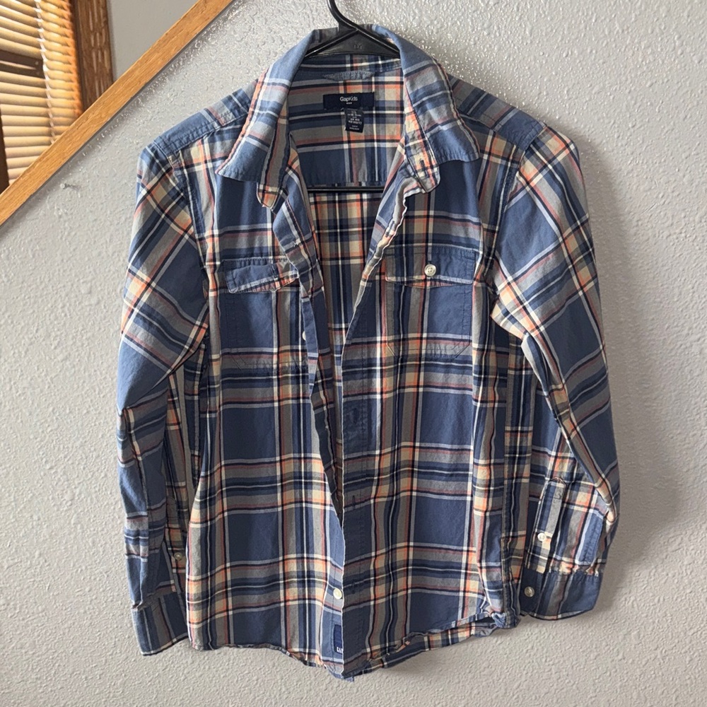 GAP kids Blue and Orange Plaid Button Down Shirt